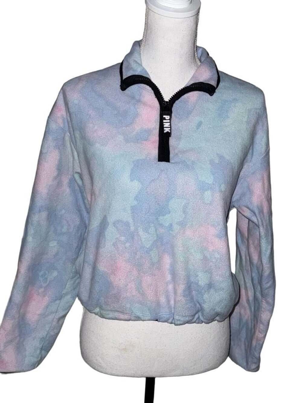 PINK Victoria's Secret Quarter-Zip Fleece Pullover Size S Pastel Tie Dye
